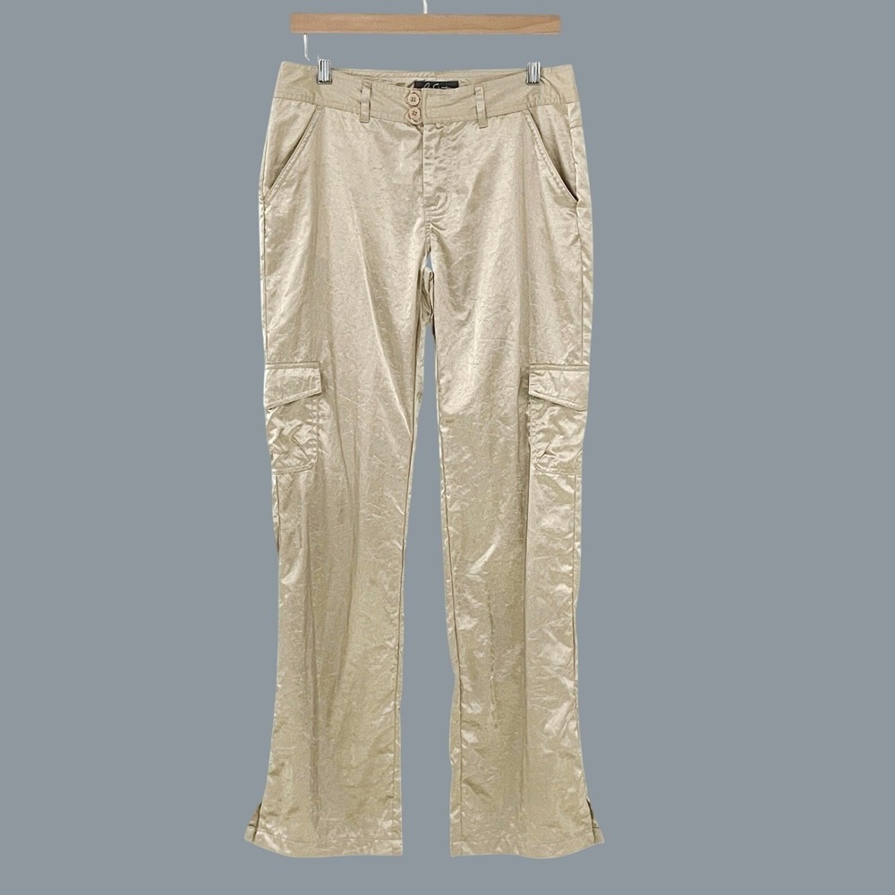 Y2K Champagne Beige Satin Wide Leg Cargo Pants Size 9 Split Hem Streetwear Party